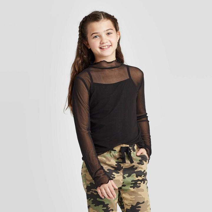 Girls' Long Sleeve Mesh Mock Neck Top - Art Class Black S, Girl's,