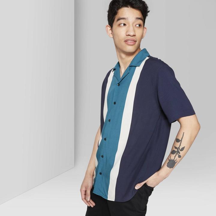 Men's Striped Short Sleeve Resort Button-down-shirt - Original Use Fighter Pilot Blue