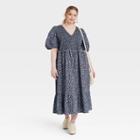 Women's Plus Size Puff Short Sleeve Smocked Dress - Universal Thread Navy 1x Floral Print, Blue Floral