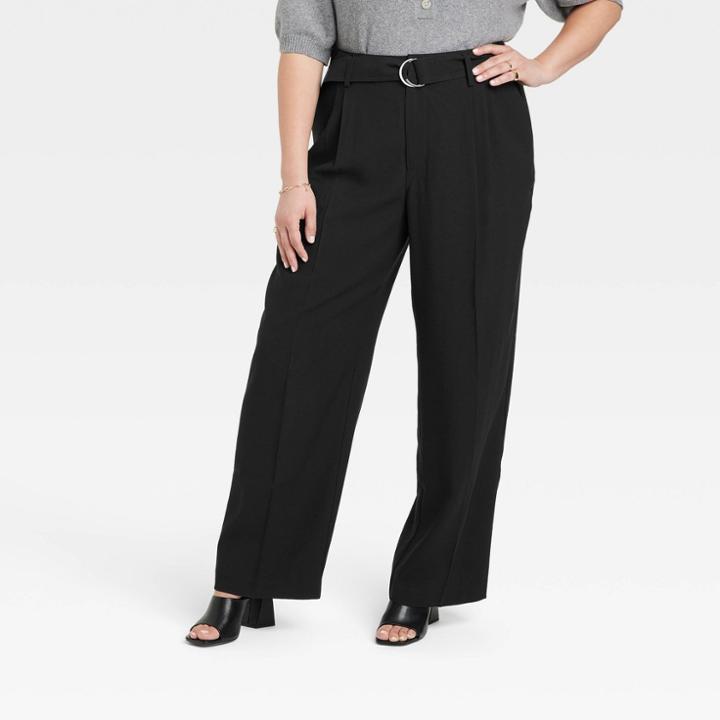 Women's Plus Size High-rise Relaxed Fit Straight Belted Trousers - A New Day Black