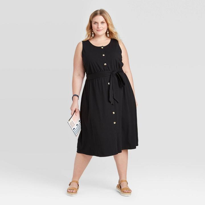Women's Plus Size Sleeveless Button-front Knit Midi Dress - Ava & Viv Black 1x, Women's,
