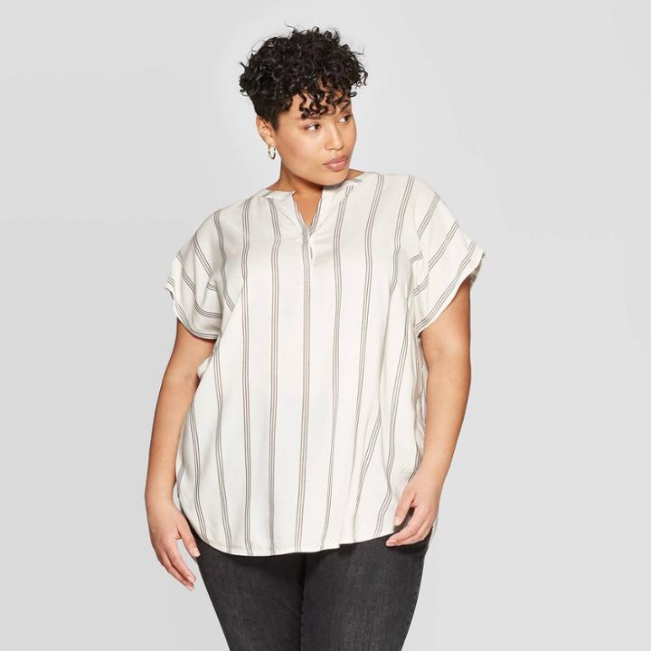 Women's Plus Size Striped Short Sleeve V-neck Popover - Ava & Viv Brown