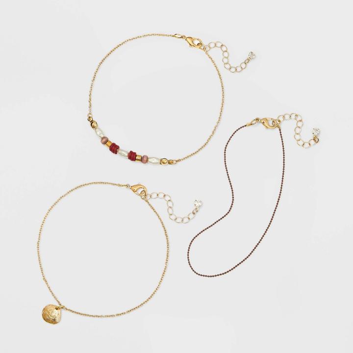 Shell Drop And Heshi Beaded Anklet Set 3pc - A New Day Pink