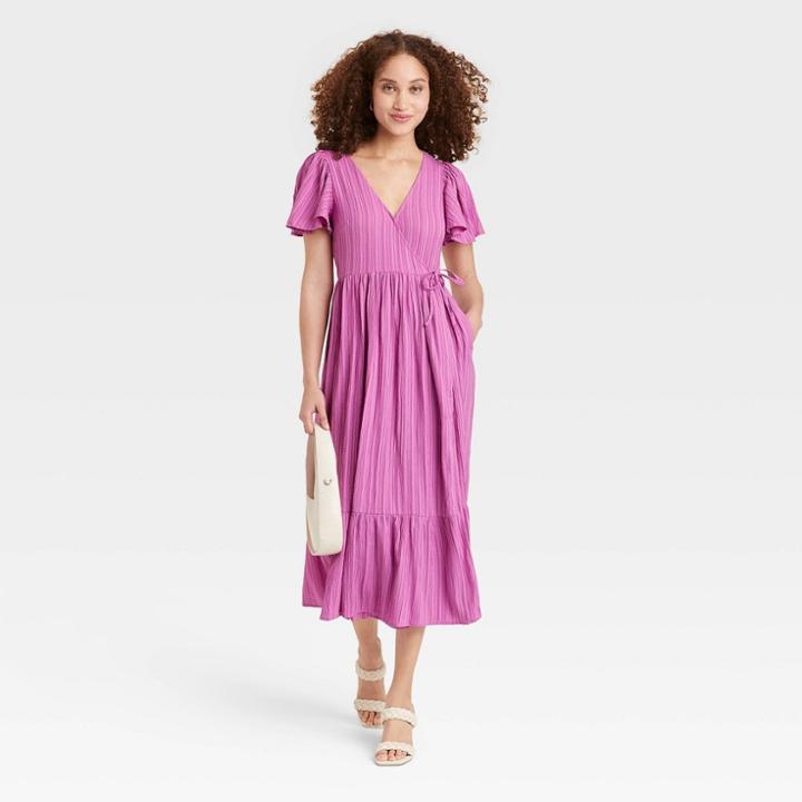 Women's Flutter Short Sleeve Wrap Dress - A New Day Purple