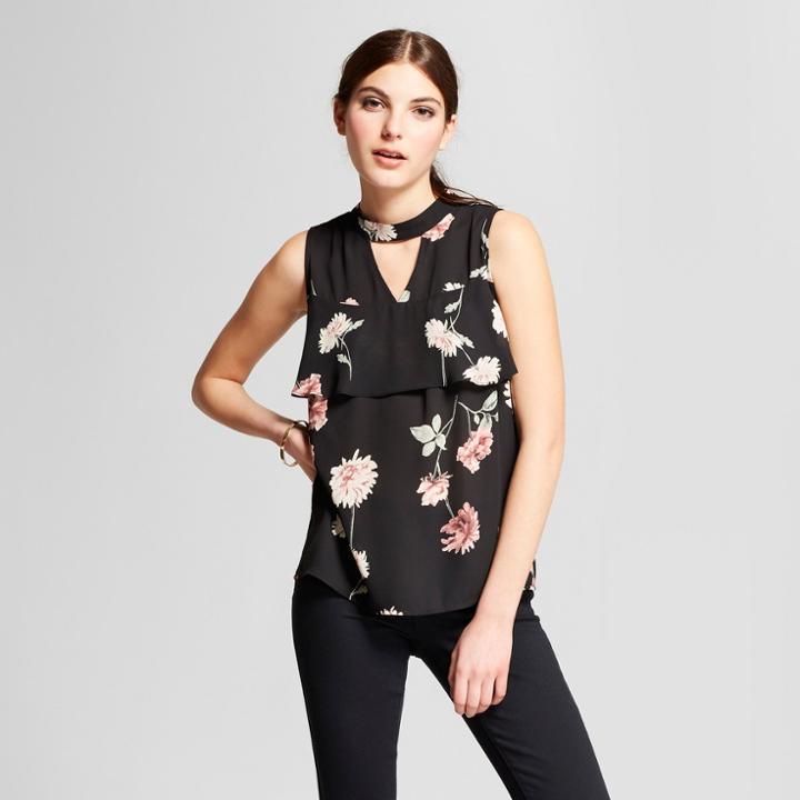 Eclair Women's Sleeveless Floral Choker Keyhole Blouse - Clair Black