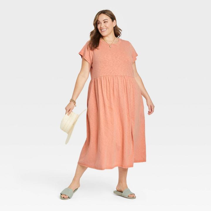 Women's Plus Size Short Sleeve Babydoll T-shirt Dress - Universal Thread Coral Orange