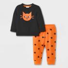 Baby Girls' 2pc Cat Halloween Long Sleeve Fleece Top & Bottom Set - Cat & Jack Black