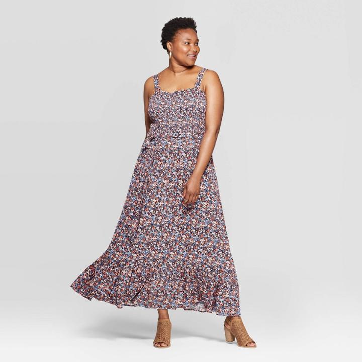 Women's Plus Size Floral Print Sleeveless Square Neck Shoulder Tie Maxi Dress - Universal Thread Navy