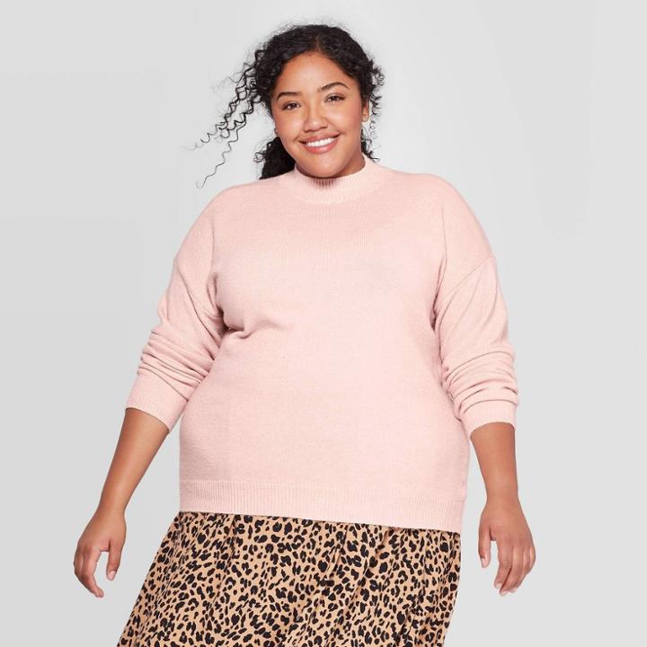 Women's Plus Size Long Sleeve Turtleneck Pullover Sweater - Ava & Viv Pink X, Women's