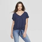 Women's Short Sleeve V-neck Tie Front - Universal Thread Navy (blue)