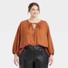 Women's Plus Size Raglan Long Sleeve Tie-front Top - A New Day Rust