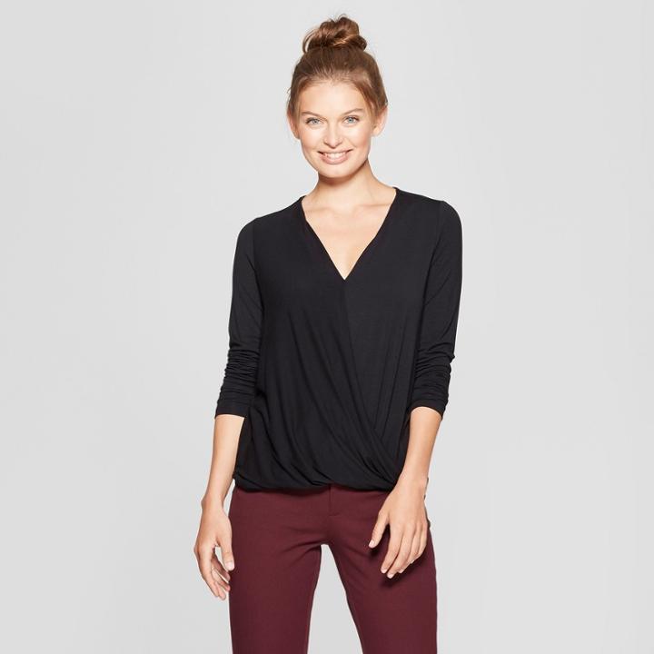 Women's Long Sleeve Drape Front Top - A New Day Black