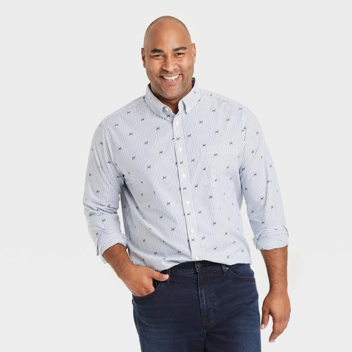 Men's Tall Printed Regular Fit Stretch Poplin Long Sleeve Button-down Shirt - Goodfellow & Co Basin