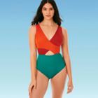 Women's Slimming Control Colorblock Wrap One Piece Swimsuit - Beach Betty By Miracle Brands Orange Teal S, Women's, Size: Small,
