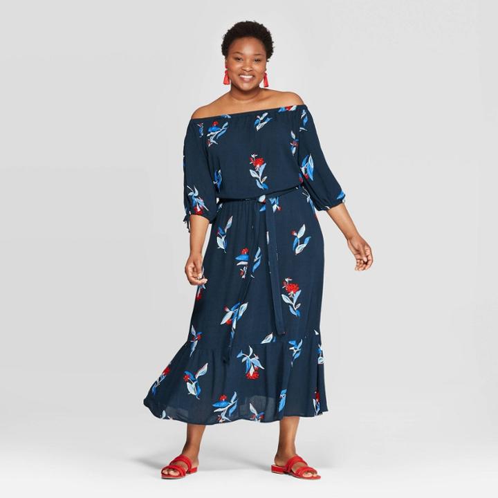 Women's Plus Size Floral Print Off The Shoulder Dress - Ava & Viv Navy