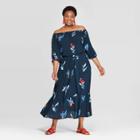 Women's Plus Size Floral Print Off The Shoulder Dress - Ava & Viv Navy