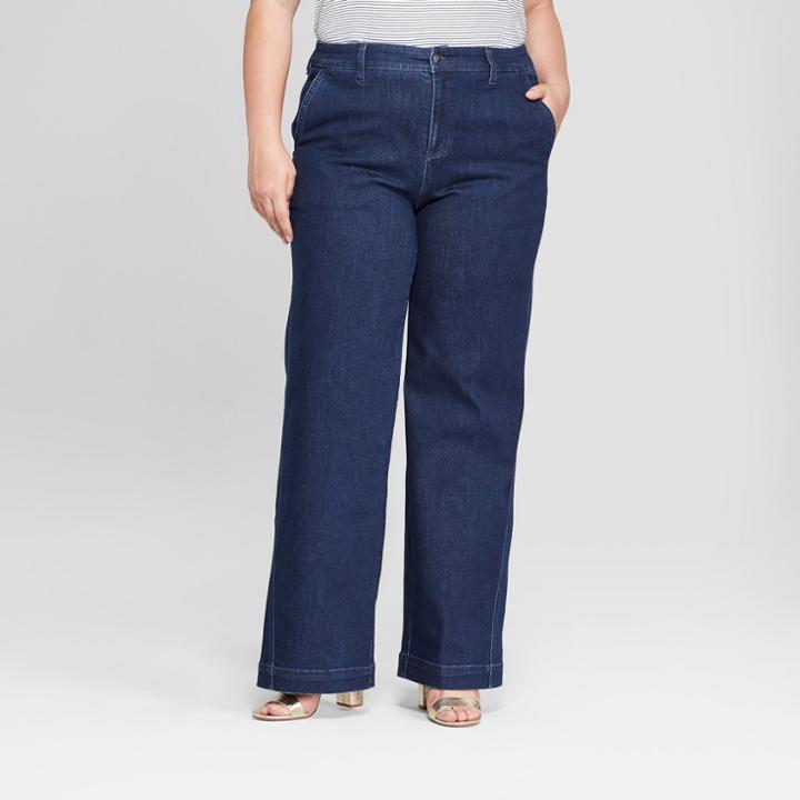 Women's Plus Size Wide Leg Denim Trousers - A New Day Indigo
