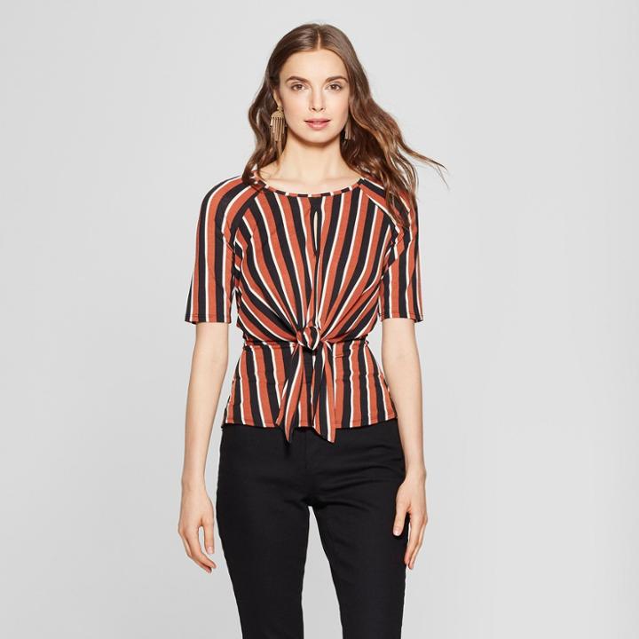 Women's Striped Elbow Sleeve Knot Front Top - Lily Star (juniors') Black/cognac
