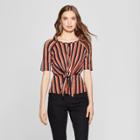 Women's Striped Elbow Sleeve Knot Front Top - Lily Star (juniors') Black/cognac