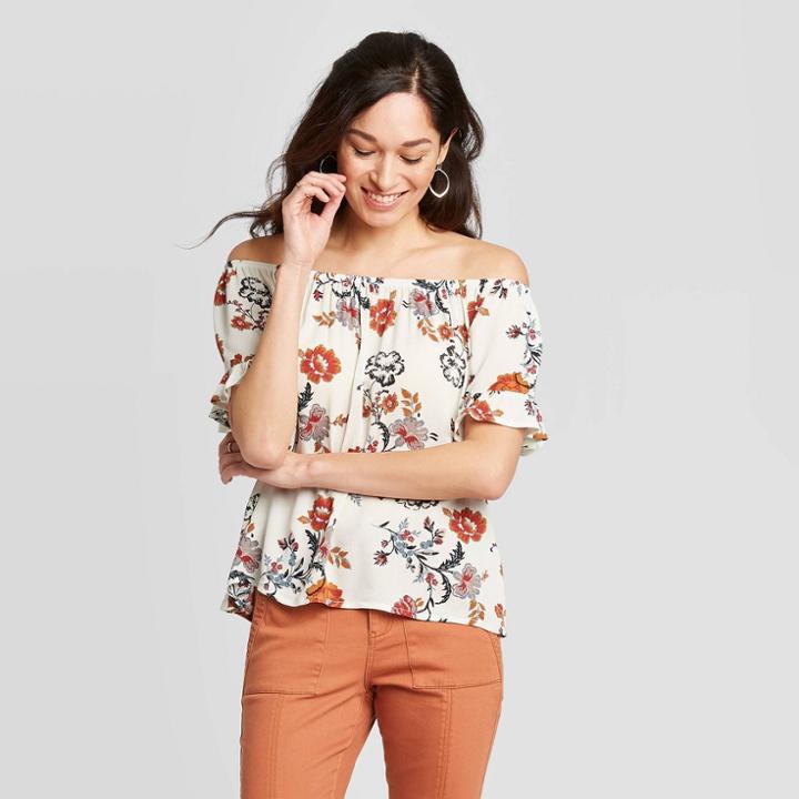 Women's Floral Print Kimono Short Sleeve Off The Shoulder Blouse - Knox Rose Cream Xs, Women's, Beige