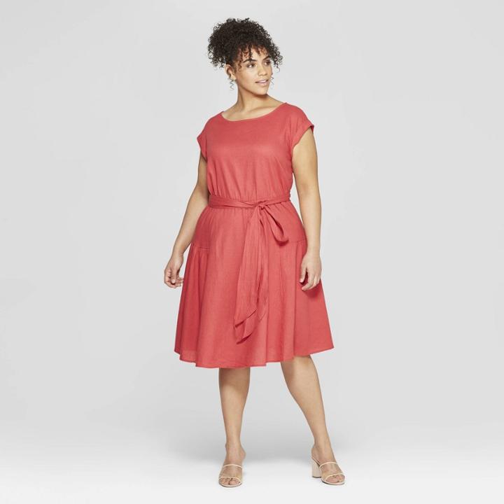 Women's Plus Size Short Sleeve Crew Neck Tie Waist Midi Dress - Who What Wear Red