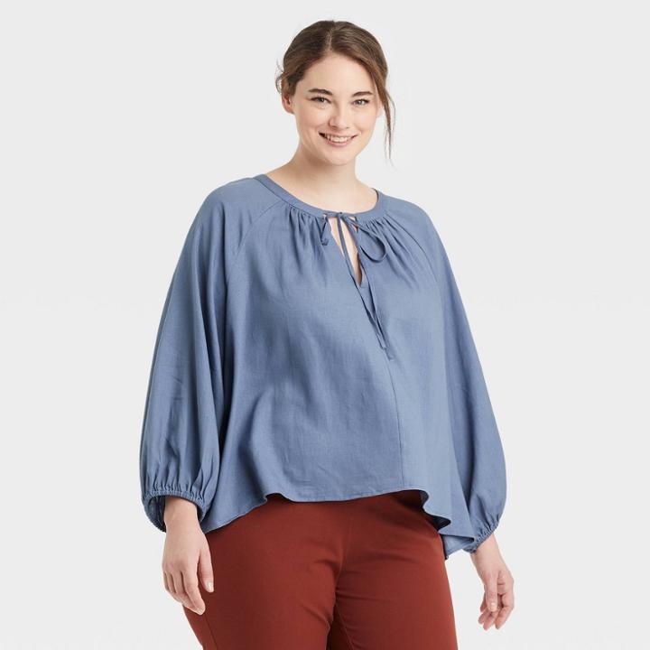 Women's Plus Size Raglan Long Sleeve Tie-front Top - A New Day Blue