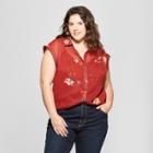 Women's Plus Size Floral Print Button-down Short Sleeve Shirt - Ava & Viv Red