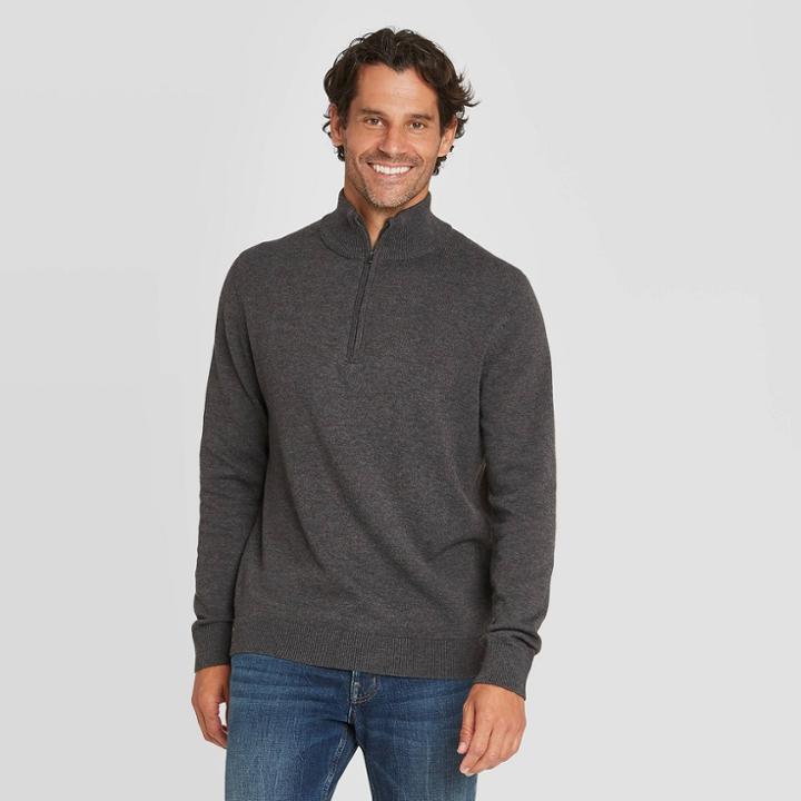 Men's Regular Fit 1/4 Zip Mock Turtleneck Pullover Sweater - Goodfellow & Co Gray