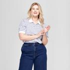 Women's Plus Size Striped Puff Sleeve Short Sleeve Polo Shirt - Ava & Viv Blue/white X