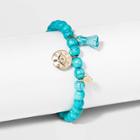 No Brand Semi-precious Beaded With Tassel, Evil Eye Charm, And Disc Stretch Bracelet - Turquoise, Women's