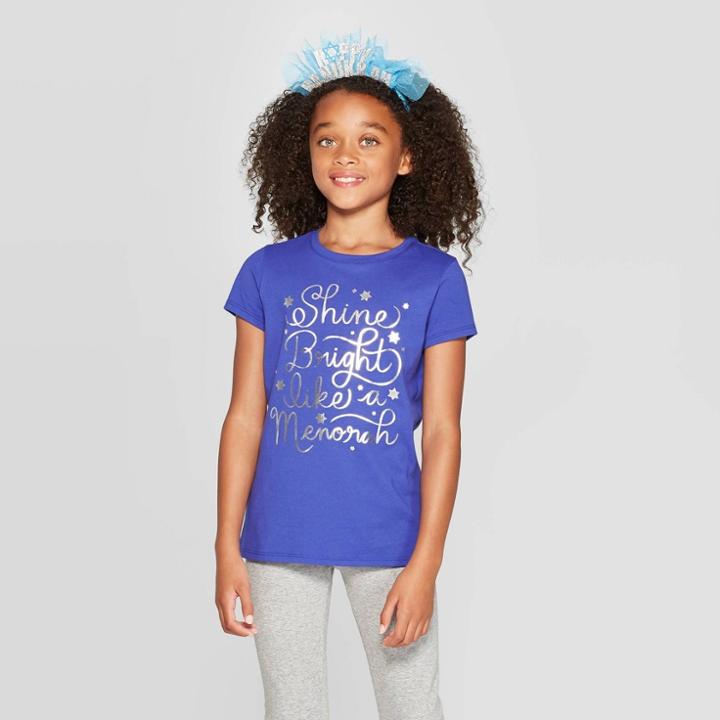 Petitegirls' Short Sleeve Shine Bright Like A Menorah Graphic T-shirt - Cat & Jack Blue M, Girl's, Size: