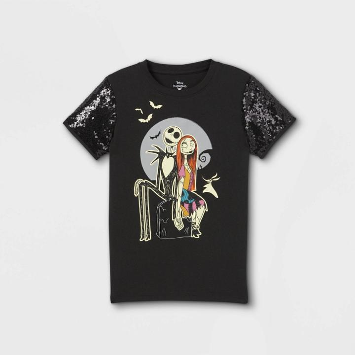 Girls' The Nightmare Before Christmas Jack And Sally Sequin Short Sleeve T-shirt - Black