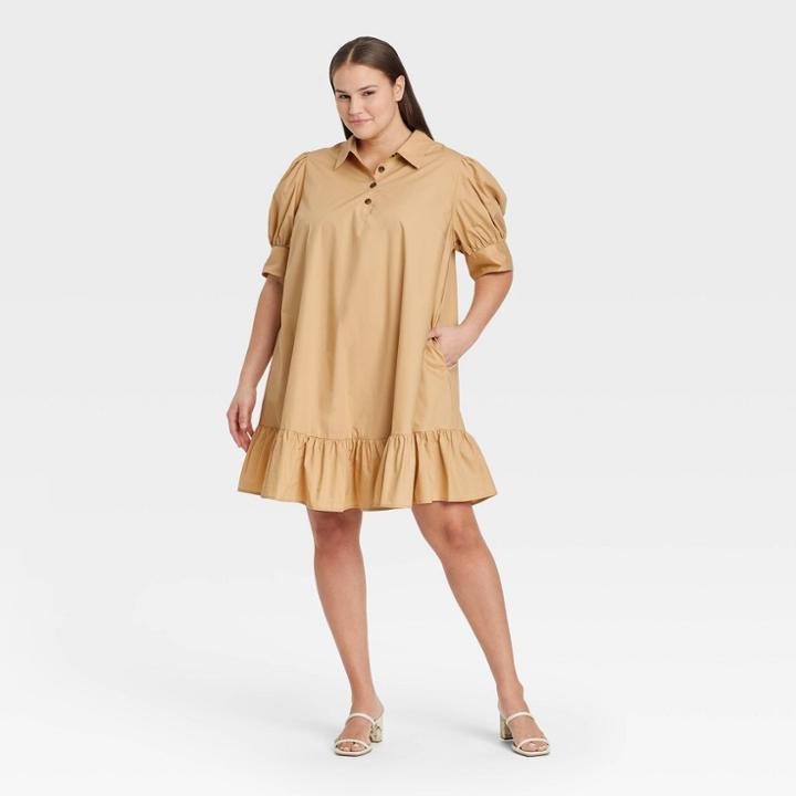 Women's Plus Size Puff Elbow Sleeve Dress - Who What Wear Khaki