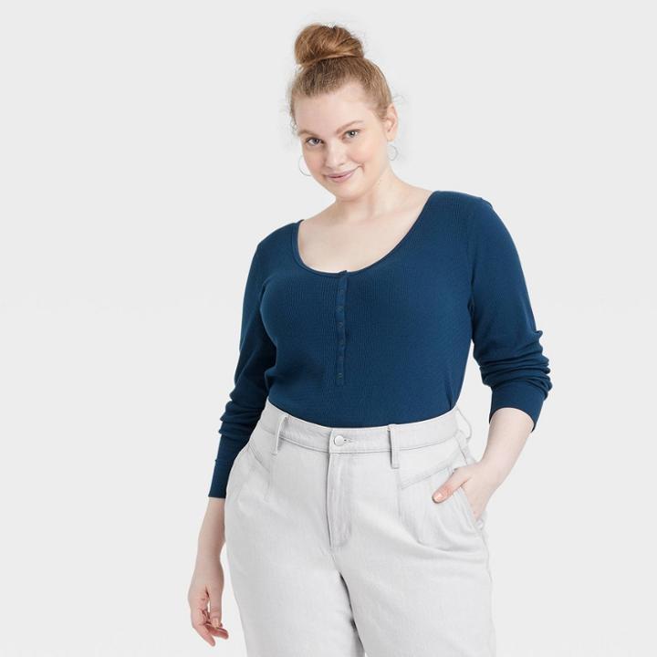 Women's Plus Size Long Sleeve Henley Neck Pointelle Shirt - Universal Thread Blue