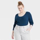 Women's Plus Size Long Sleeve Henley Neck Pointelle Shirt - Universal Thread Blue