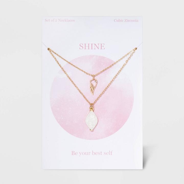 No Brand Gold Crackle Cubic Zirconia Drop And Wing Layered Necklace