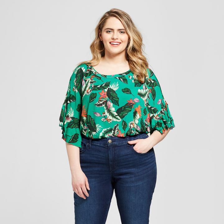 Women's Plus Size Printed Ruffle Sleeve Tie Front Short Sleeve T-shirt - Xhilaration Green X, Blue