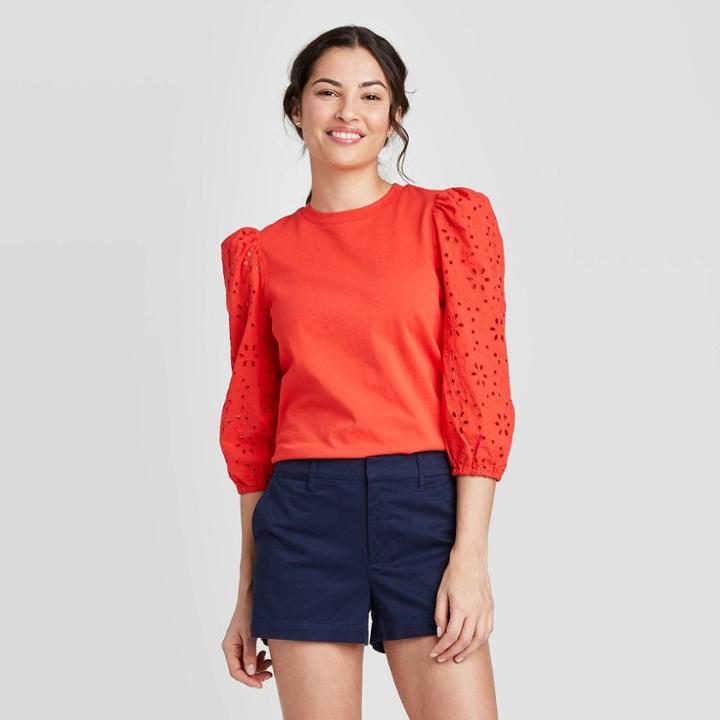 Women's Long Sleeve Eyelet T-shirt - A New Day Red