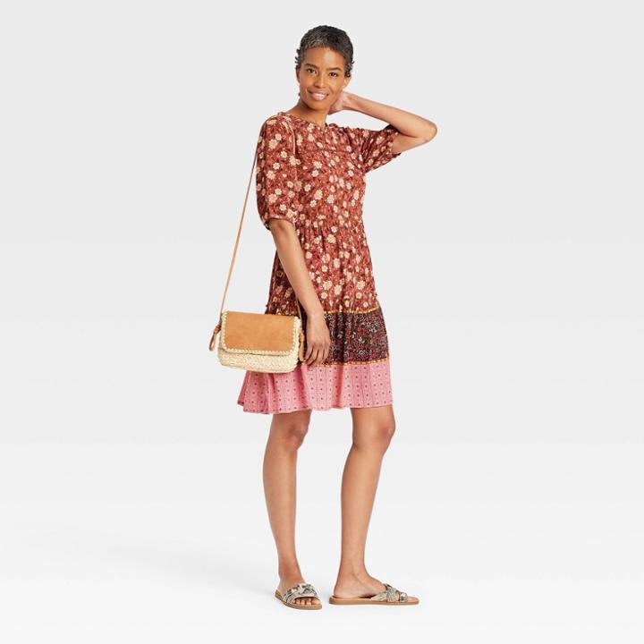 Women's Elbow Sleeve Tiered Babydoll Dress - Knox Rose Rust Floral