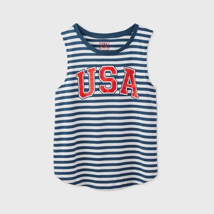 Modern Lux Women's Plus Size Usa Blue Striped Graphic Tank Top (juniors') - White 1x, Women's,