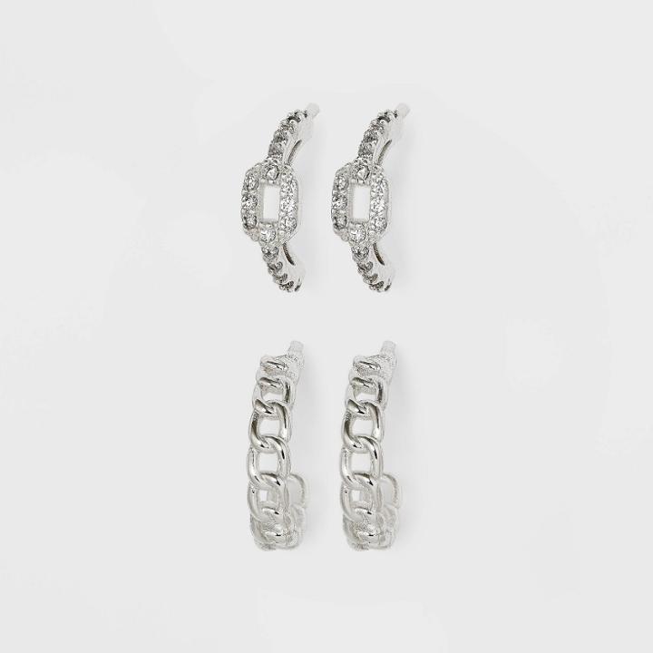 Sterling Silver Cubic Zirconia Hoop Frozen Chain Hoop Earring Set 2pc - A New Day