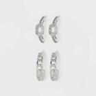 Sterling Silver Cubic Zirconia Hoop Frozen Chain Hoop Earring Set 2pc - A New Day