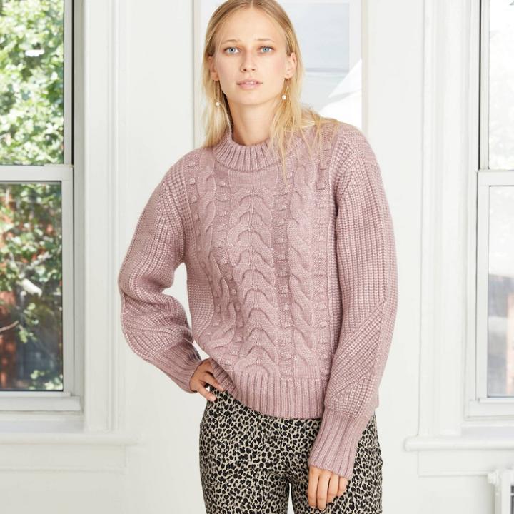 Women's Bishop Sleeve Crewneck Cable Stitch Pullover Sweater - A New Day