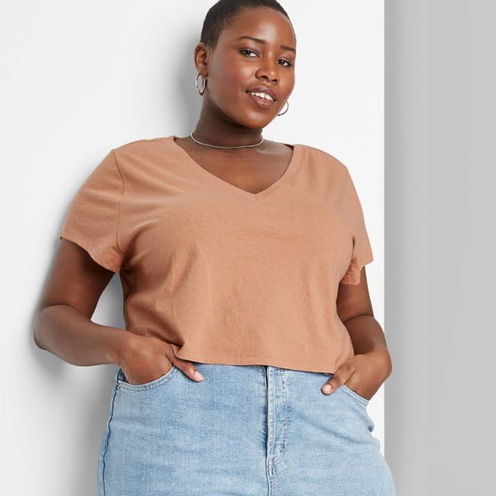 Women's Plus Size Short Sleeve V-neck Cropped Boxy T-shirt - Wild Fable Camel