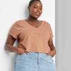 Women's Plus Size Short Sleeve V-neck Cropped Boxy T-shirt - Wild Fable Camel