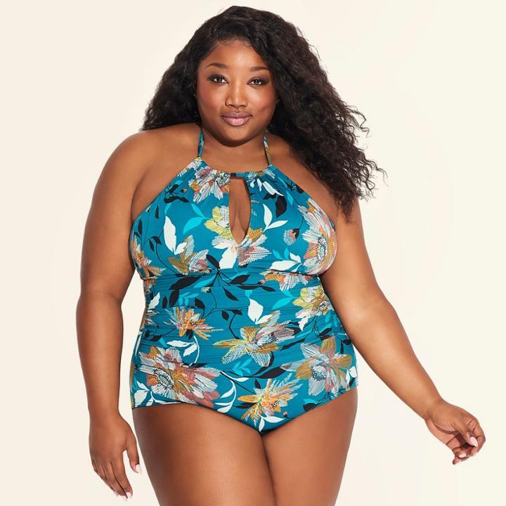 Women's Slimming Control High Neck Keyhole One Piece Swimsuit - Dreamsuit By Miracle Brands Green Floral