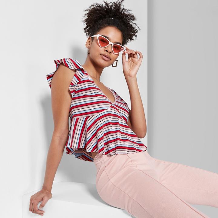 Women's Striped Short Sleeve V-neck Flutter T-shirt - Wild Fable Red