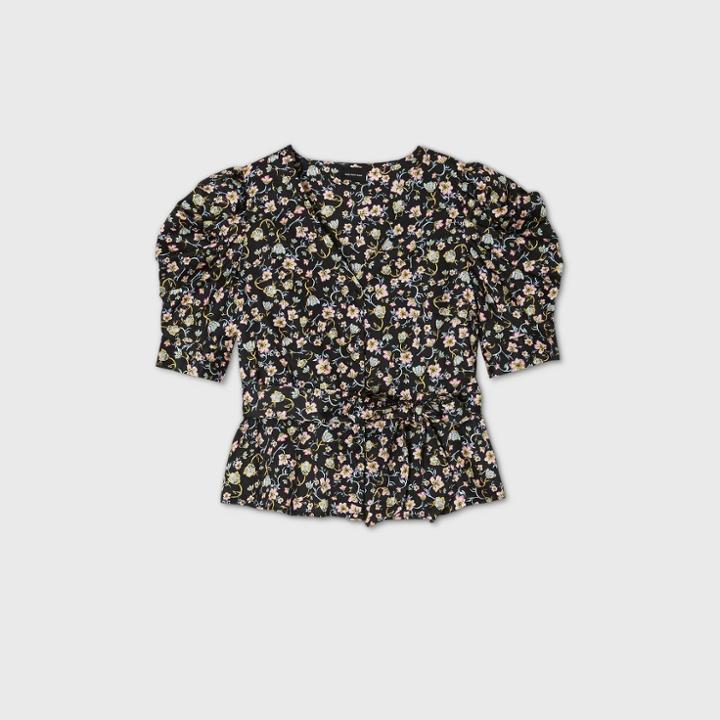 Women's Floral Print Bishop Short Sleeve Blouse - Who What Wear Black