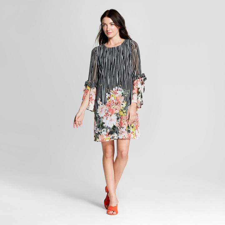 Women's Tie Sleeve Floral Boarder Dress - Lux Ii - Black