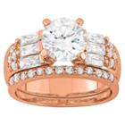 Tiara 3.22 Ct. T.w. Elegant 8mm Round-cut Cubic Zirconia With Baguette Side Stones 3-piece Bridal Set In 14k Gold Over Silver - (6), Girl's, Rose